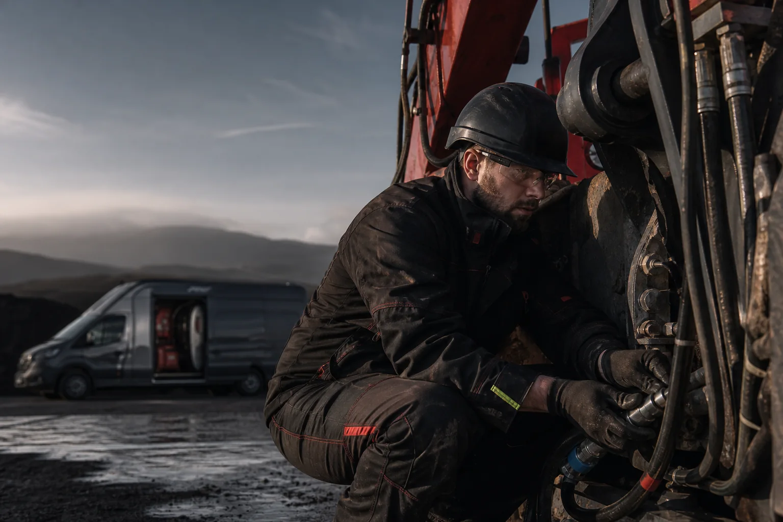 Hydraulic technician repairing construction machinery on site