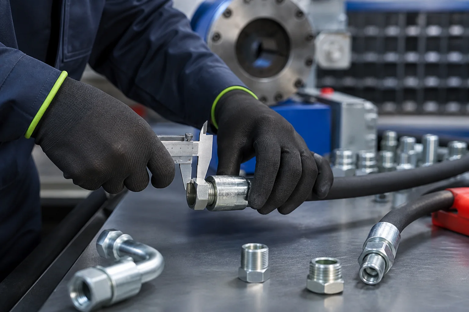 Technician measuring a hydraulic hose fitting in the workshop