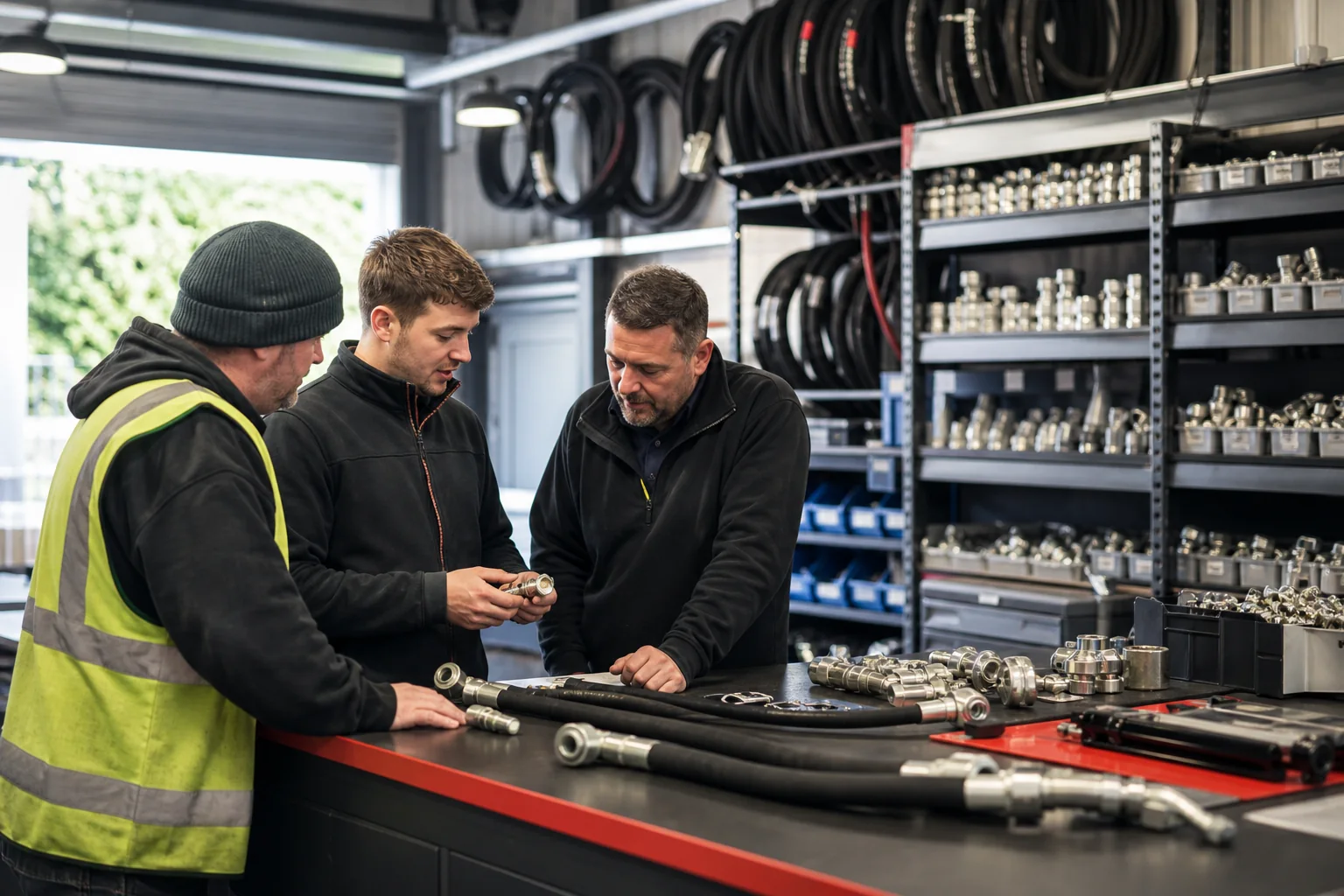 Hydraulic specialists helping a customer at a trade counter